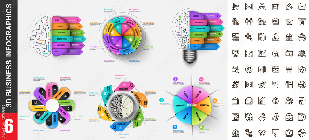 Wall mural bundle 3d infographics vector design template with set business icons pixel perfect. can be used for