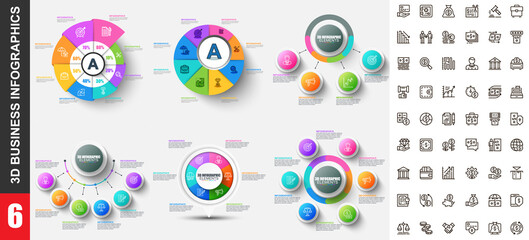 Bundle 3d infographics vector design template with set business icons pixel perfect. Can be used for steps, business processes, workflow, diagram, flowchart concept, marketing icons, info graphics.
