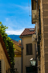 Roofs of houses with tiles and mountains on the horizon in the old town of Kotor on a sunny day