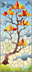 Fototapeta na wymiar Illustration in stained glass style with autumn tree on sky background with clouds and sun