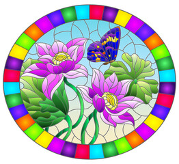 Illustration in stained glass style with flowers, buds and leaves of a pink Lotus and a butterfly on a blue sky background, oval image in bright frame