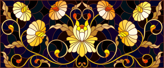 Illustration in stained glass style with floral ornament ,imitation gold on dark background with swirls and floral motif