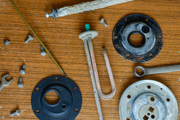 Details of a disassembled water heater.