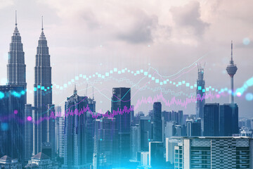 Forex and stock market chart hologram over panorama city view of Kuala Lumpur. KL is the financial center in Malaysia, Asia. The concept of international trading. Double exposure.