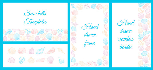 A set of templates for design on the sea, summer theme. Horizontal and vertical frames made of seashells.Seamless border.A collection of hand-drawn elements isolated on white. The sketch style. Vector