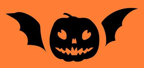 Fototapeta premium Halloween black winged pumpkin on orange backround. Symbol of All Saint's Day, October's holiday. Flat vector illustration. 