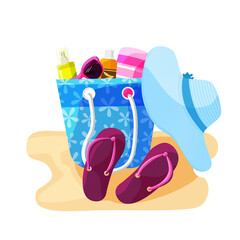 Beach holiday. Beach bag is on the sand, it has a towel, cream, sunglasses. Next to the bag are flip-flops and a wide brimmed woman's hat. Vector isolated image on a white background.