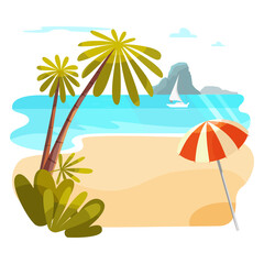Fototapeta na wymiar Sea coast, relaxing on the beach under palm trees and an umbrella from the sun. Vector illustration in cartoon style for postcard, poster, postcard