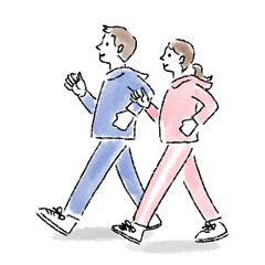 ウォーキング　夫婦　若い　水彩　手描き
