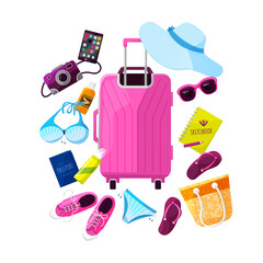 Suitcase, swimsuit and other most necessary things and items for a beach holiday. Bright illustration in the flat style. Vector image isolated on a white background.
