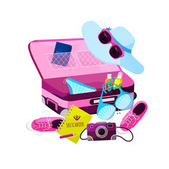 I'm packing for a trip to the sea. Open suitcase, swimsuit, hat and other necessary things for a beach holiday. Bright set in a flat style. Vector image isolated on a white background.