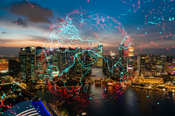 Glowing hologram of Earth planet map on aerial panoramic cityscape of Singapore at sunset, Asia....