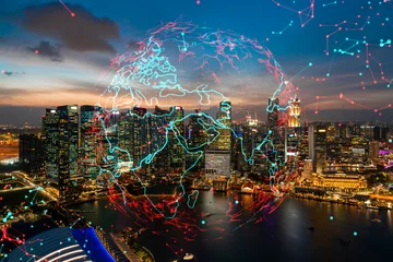 Poster Glowing hologram of Earth planet map on aerial panoramic cityscape of Singapore at sunset, Asia. The concept of international business. Multi Exposure. © VideoFlow