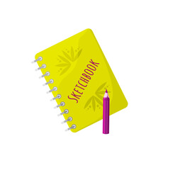 Sketchbook yellow and pink pencil. Notepad for drawing sketches. A subject for artists, illustrators, and designers. Vector image isolated on a white background.