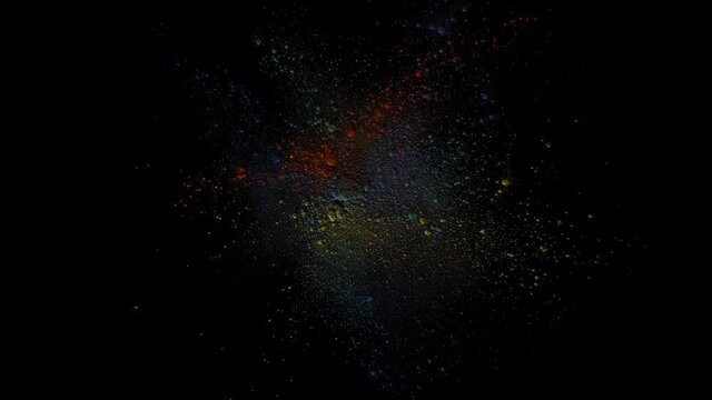 Color Powders Splatted Burst isolated on Dark Black Background. Colour Rush, Texture, Motion Graphics 4k UHD Overlays