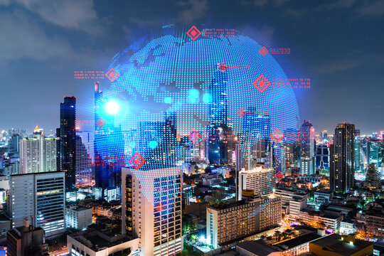 Hologram of Earth planet map on night panoramic cityscape of Bangkok, Asia. The concept of international companies. Multi Exposure. - Powered by Adobe