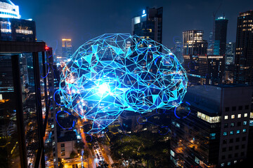 Human brain hologram, aerial panoramic city view of Bangkok at night. Educational cluster in Asia. The concept of artificial intelligence. Double exposure.