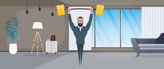 Businessman raises the barbell with gold coins. A man in a suit with a barbell. The concept of a successful business and revenue growth.  Vector.