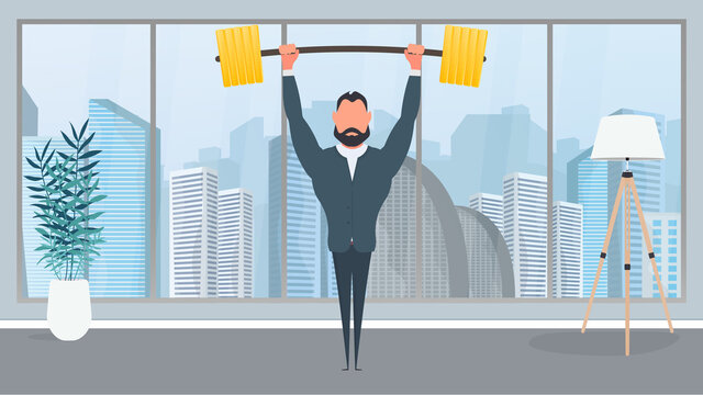 Businessman raises the barbell with gold coins. A man in a suit with a barbell. The concept of a successful business and revenue growth.  Vector.