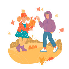 Fototapeta premium Children boy and girl in autumn clothes with yellow leaves at walk, flat vector illustration isolated on white background. Autumn or fall season kids characters.