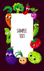 Funny vegetables with cute faces. Vertical composition with space for the text. Illustration done in cartoon style.