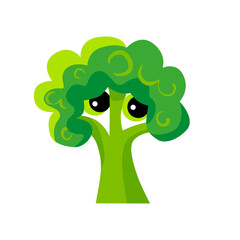 Fototapeta premium Broccoli with sad eyes. Vector illustration in cartoon style. Isolated on a white background. 