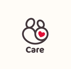 Mother and baby with red heart logo concept in modern lineart style. Simple symbol for child and mother care house, hospital and clinic. Vecor emblem.