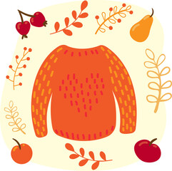 Cozy hygge style. Warm autumn mood. Knitted sweater, fruit, pear, apple and autumn leaves. Cute flat vector cartoon illustration. Cozy temporary inscription. Autumn vibes, boho, home design, halloween