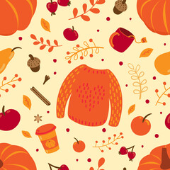 Cozy hygge style. Warm autumn mood. Seamless autumn pattern knitted sweater, pumpkin, fall leaves, acorn, coffee, cinnamon, spices, tea, apple, pear. Autumn vibes, boho, home design, halloween