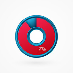 90 percent isolated pie chart. Percentage vector symbol, infographic blue red gradient icon. Circle sign for business, finance, web design, download, progress