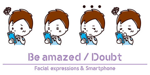 スマホを持った男性の表情のイラスト/疑う/呆れる