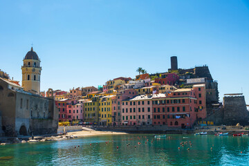 Fototapeta na wymiar Vernazza, La Spezia / Italy - March 29 2019: Seaside town of Vernazza, part of the Cinque Terre string of town attractions