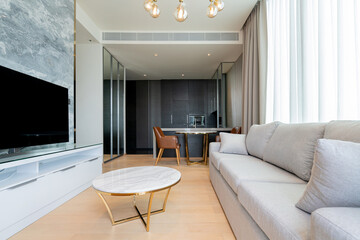 beautiful contemporary modern design apartment with natural light fron bir window white curtain