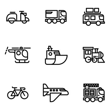 vehicle line icons. Editable stroke.include air, land and water transport.