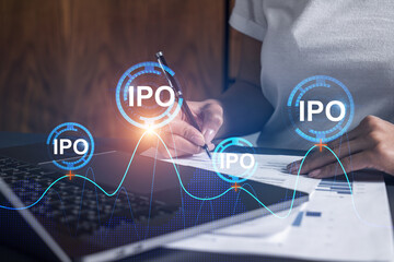 Woman signs agreement. IPO icon hologram. Double exposure . investment concept.