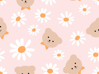 Seamless pattern with teddy bear face head and daisy flower on pink background vector illustration.