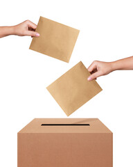 Woman hands putting voting ballot into vote box. Voting concept