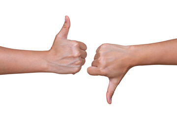 Woman hands showing different gesture thumb up and thumb down isolated on white background....