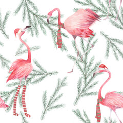 Christmas watercolor pattern with green spruce tree branches and flamingos. Winter seamless print. Hand drawn illustration on white background