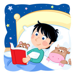Bedtime story - Daily routine of a little boy with dark hair - Illustration	