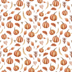 Autumn-themed watercolor seamless pattern consists of dried flowers, fallen leaves and ripe pumpkins. Ideal for Halloween food, Thanksgiving, a variety of farm festivals and post-harvest shows.