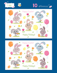 Fototapeta premium Find 10 differences - I spy game suitable for preschool and school children - Cute little easter bunnies and easter eggs