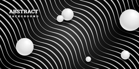 Black and white wavy background with 3D balls. Abstract background with spheres. Vector illustration. Wave pattern. Horizontal black banner. Modern decoration. Luxury design banner, cover, wallpaper.