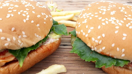 hamburger on a wooden table