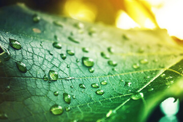 Colored drops of dew. Beautiful leaf of plants. A multicolored leaf