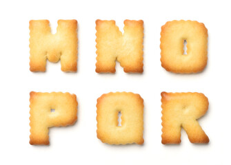 M to R biscuits alphabet letters isolated on white background. Clipping path.