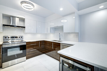 Real estate photography - Beautiful empty renovated apartment in an apartment building with bathroom, new kitchen, new floors, all white painted