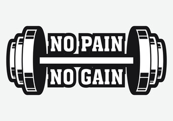Barbell textured vector illustration and "No pain - no gain" inspirational lettering.