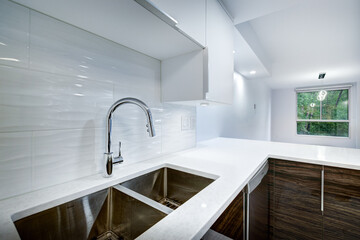 Real estate photography - Beautiful empty renovated apartment in an apartment building with bathroom, new kitchen, new floors, all white painted