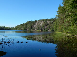 Lake in summer on the Karelian Isthmus in Russia, rocks, blue sky